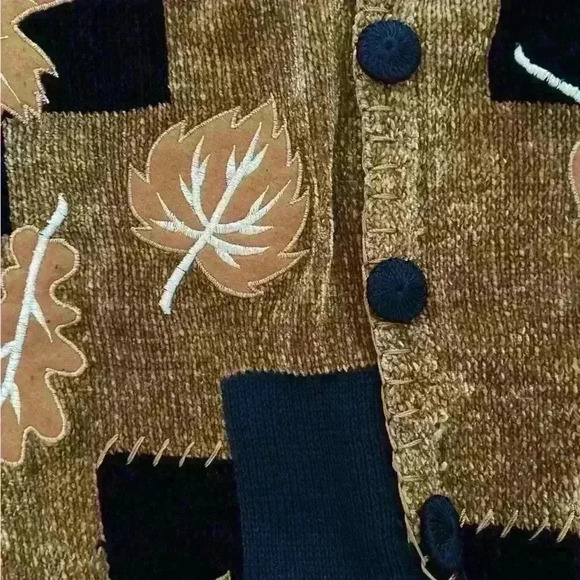 Vintage 80s Victoria Harbour Sweater Size M  Leaf Patchwork Print Black Fall - Picture 10 of 13